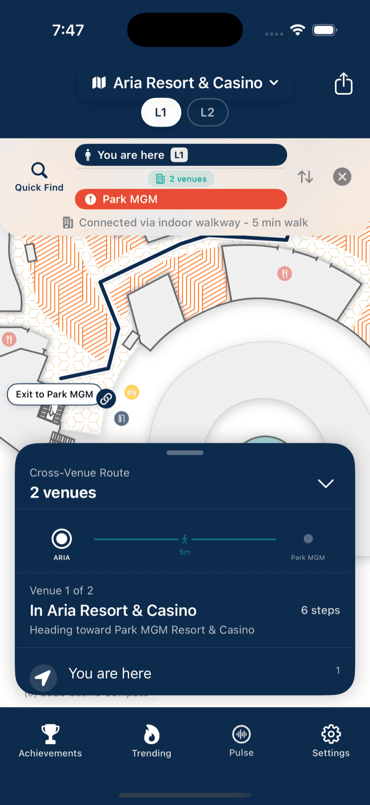 Casino Compass app showing a cross-venue route from Aria to Park MGM with a 'Connected via indoor walkway, 5 minute walk' badge